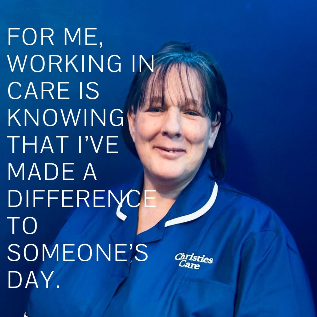 Our Hourly Homecarer, Katria dressed in Christies Care uniform describes the reason she works in homecare "For me, working in care is knowing that I've made a difference to someone's day"