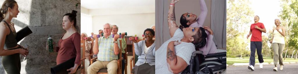 Banner showing four images; young woman with down syndrome attends a yoga class, elderly clients do seated weights together, two wheelchair users practice dance, and two people walk together outdoors