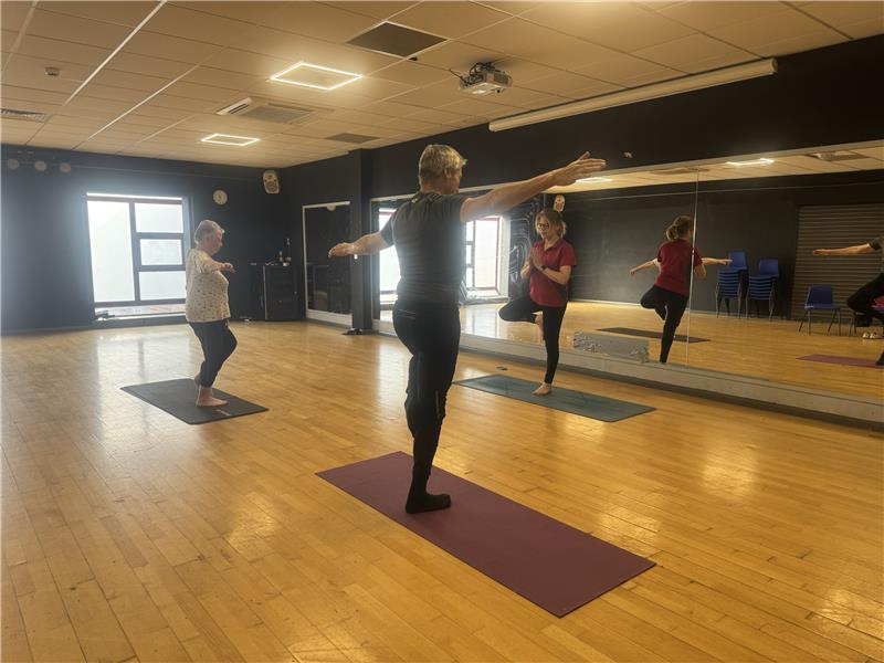 Two family caregivers attending our free stretch and strengthen class and care session at the Mid Suffolk Leisure Centre